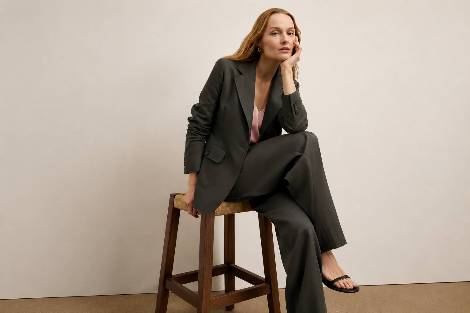 Woman in a tailored dark suit seated on a stool
